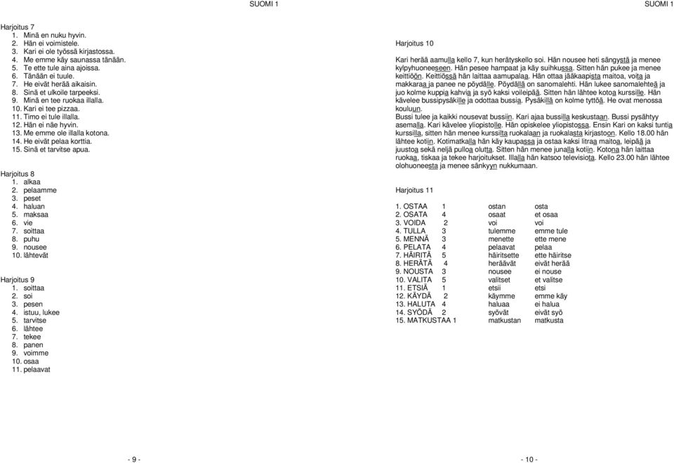 Sinä et tarvitse apua. Harjoitus 8 1. alkaa 2. pelaamme 3. peset 4. haluan 5. maksaa 6. vie 7. soittaa 8. puhu 9. nousee 10. lähtevät Harjoitus 9 1. soittaa 2. soi 3. pesen 4. istuu, lukee 5.