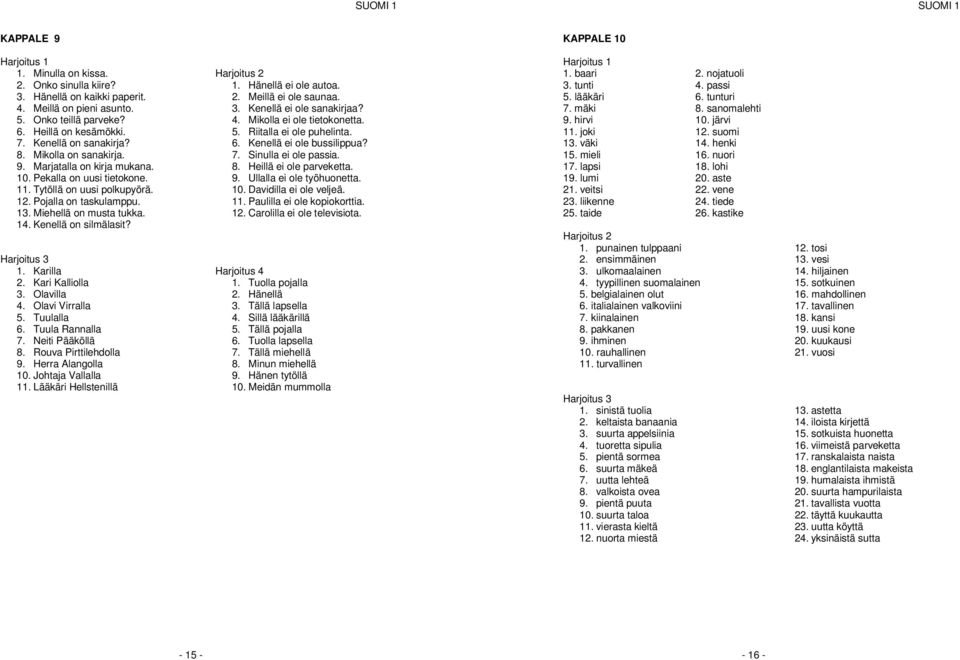 14. Kenellä on silmälasit? 1. Karilla 2. Kari Kalliolla 3. Olavilla 4. Olavi Virralla 5. Tuulalla 6. Tuula Rannalla 7. Neiti Pääköllä 8. Rouva Pirttilehdolla 9. Herra Alangolla 10.