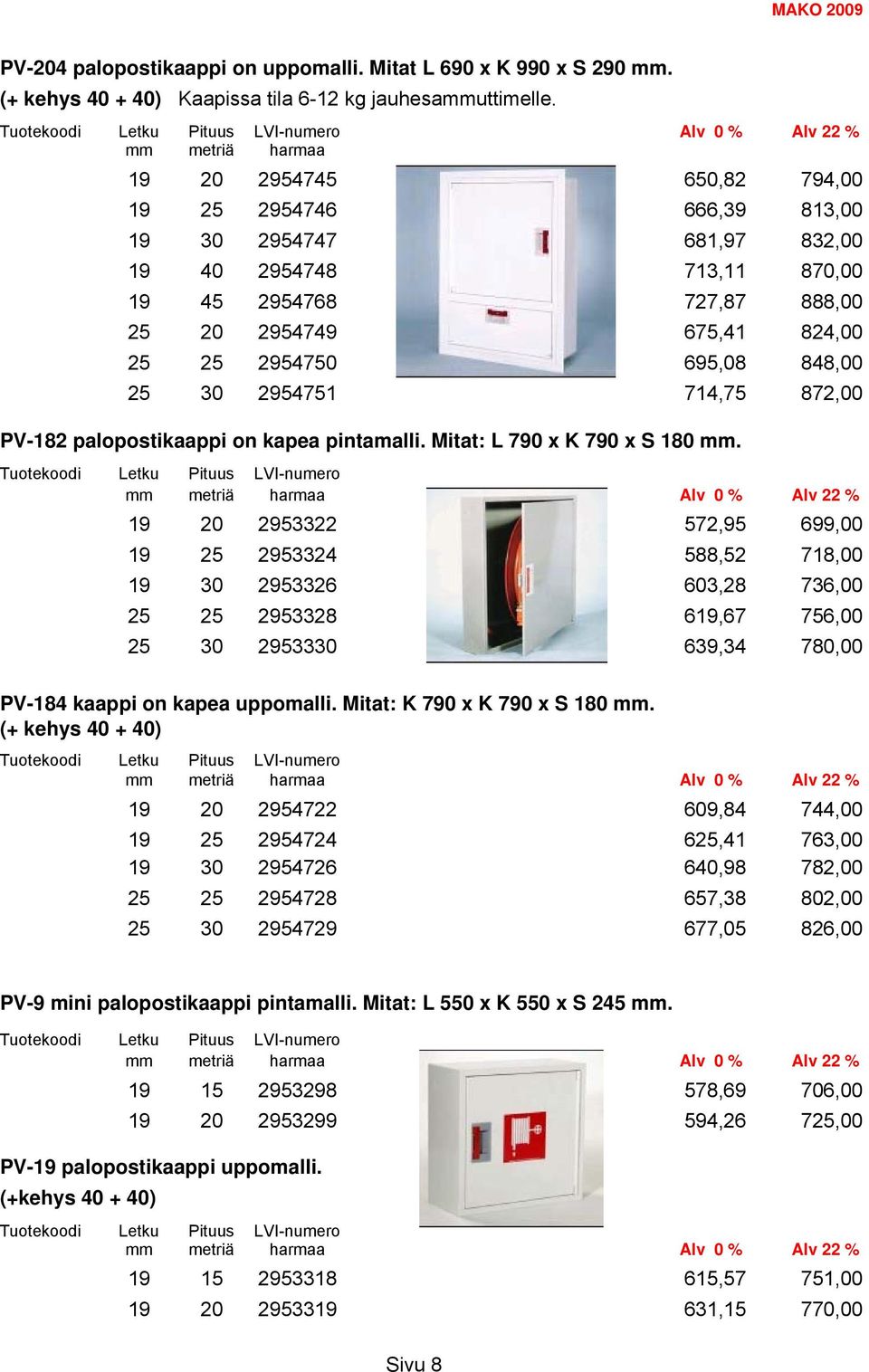 824,00 25 25 2954750 695,08 848,00 25 30 2954751 714,75 872,00 PV-182 palopostikaappi on kapea pintamalli. Mitat: L 790 x K 790 x S 180 mm.