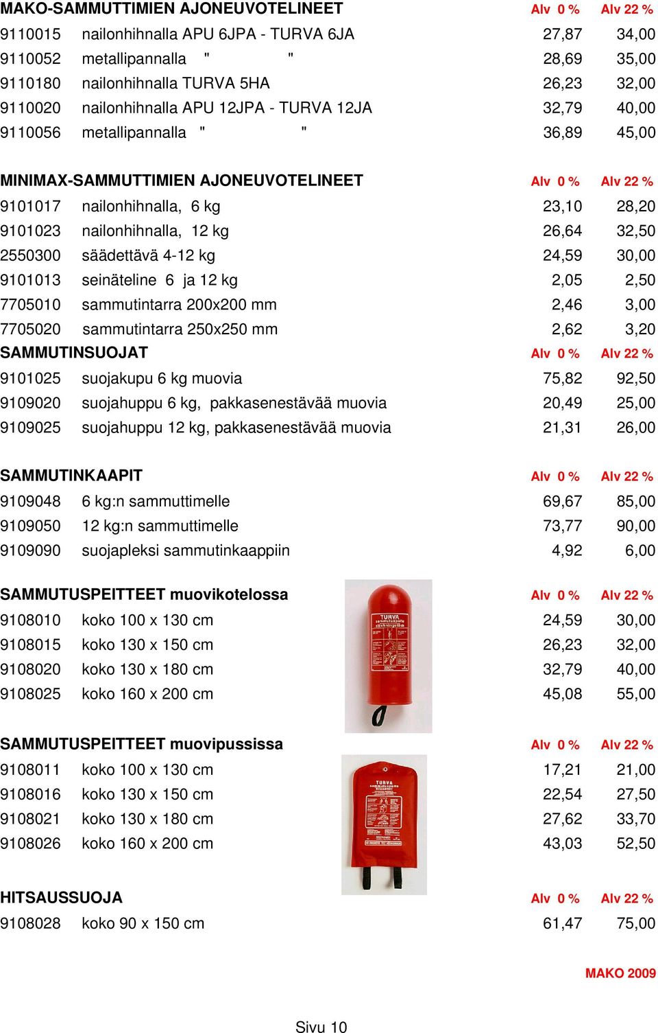 9101023 nailonhihnalla, 12 kg 26,64 32,50 2550300 säädettävä 4-12 kg 24,59 30,00 9101013 seinäteline 6 ja 12 kg 2,05 2,50 7705010 sammutintarra 200x200 mm 2,46 3,00 7705020 sammutintarra 250x250 mm