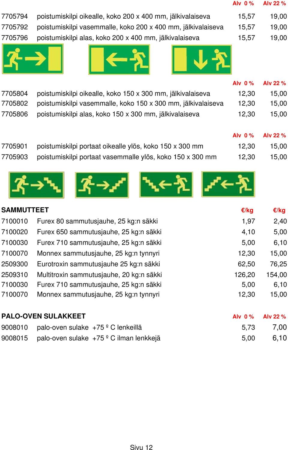 mm, jälkivalaiseva 12,30 15,00 7705806 poistumiskilpi alas, koko 150 x 300 mm, jälkivalaiseva 12,30 15,00 Alv 0 % Alv 22 % 7705901 poistumiskilpi portaat oikealle ylös, koko 150 x 300 mm 12,30 15,00