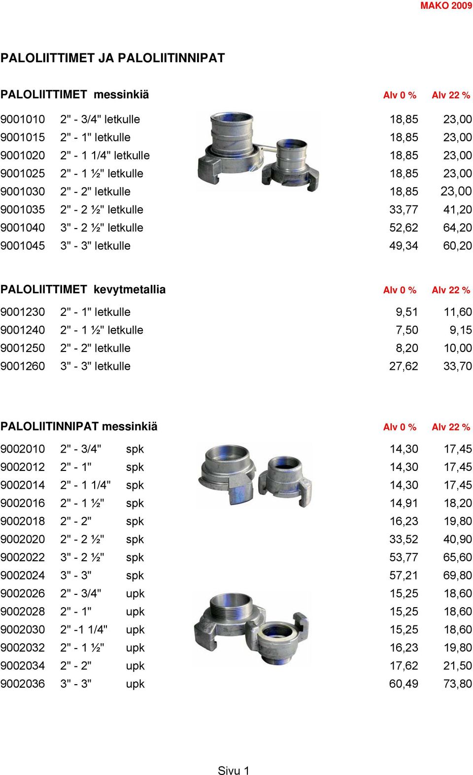 kevytmetallia Alv 0 % Alv 22 % 9001230 2" - 1" letkulle 9,51 11,60 9001240 2" - 1 ½" letkulle 7,50 9,15 9001250 2" - 2" letkulle 8,20 10,00 9001260 3" - 3" letkulle 27,62 33,70 PALOLIITINNIPAT