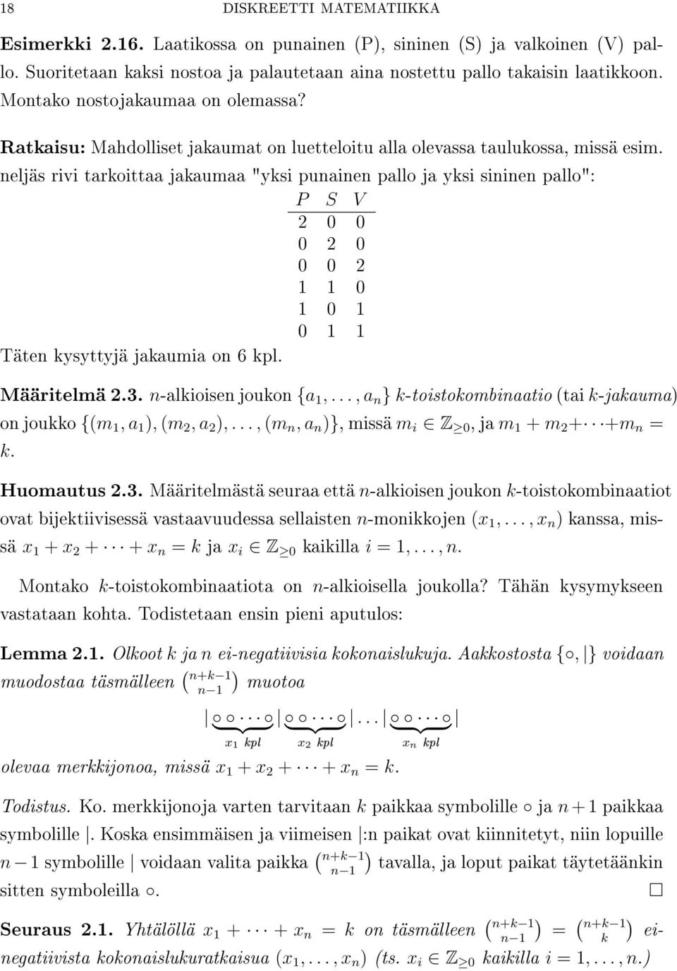 neljäs rivi tarkoittaa jakaumaa "yksi punainen pallo ja yksi sininen pallo": P S V 2 0 0 0 2 0 0 0 2 1 1 0 1 0 1 0 1 1 Täten kysyttyjä jakaumia on 6 kpl. Määritelmä 2.3. n-alkioisen joukon {a 1,.