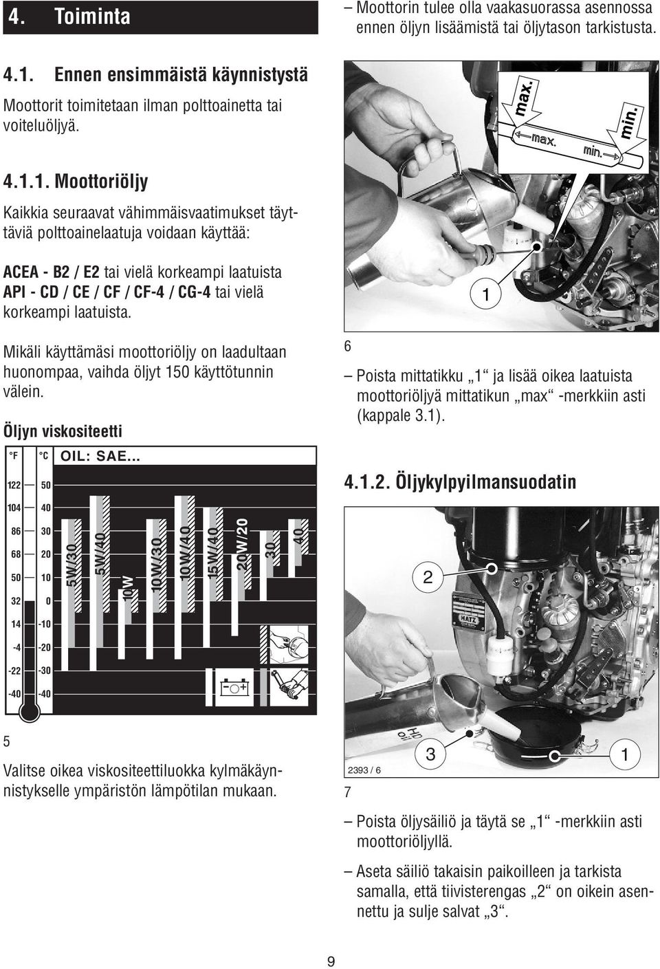 laatuista. Mikäli käyttämäsi moottoriöljy on laadultaan huonompaa, vaihda öljyt 50 käyttötunnin välein. Öljyn viskositeetti F C OIL: SAE.