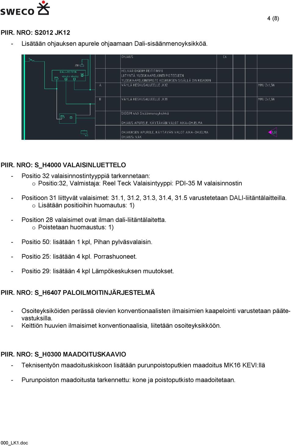 NRO: S_H4000 VALAISINLUETTELO - Positio 32 valaisinnostintyyppiä tarkennetaan: o Positio:32, Valmistaja: Reel Teck Valaisintyyppi: PDI-35 M valaisinnostin - Positioon 31 liittyvät valaisimet: 31.