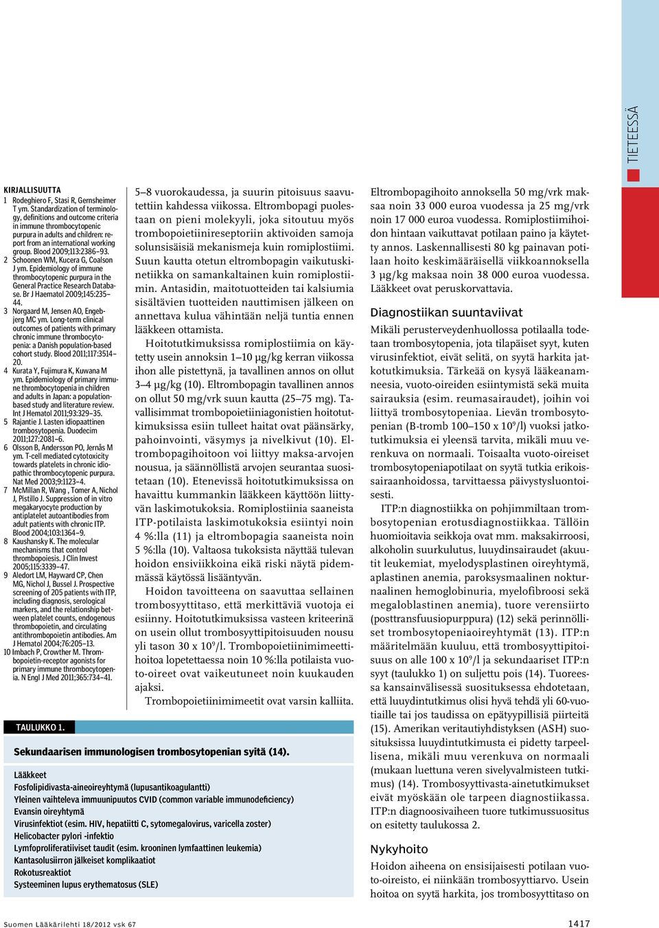 2 Schoonen WM, Kucera G, Coalson J ym. Epidemiology of immune thrombocytopenic purpura in the General Practice Research Database. Br J Haematol 2009;145:235 44.
