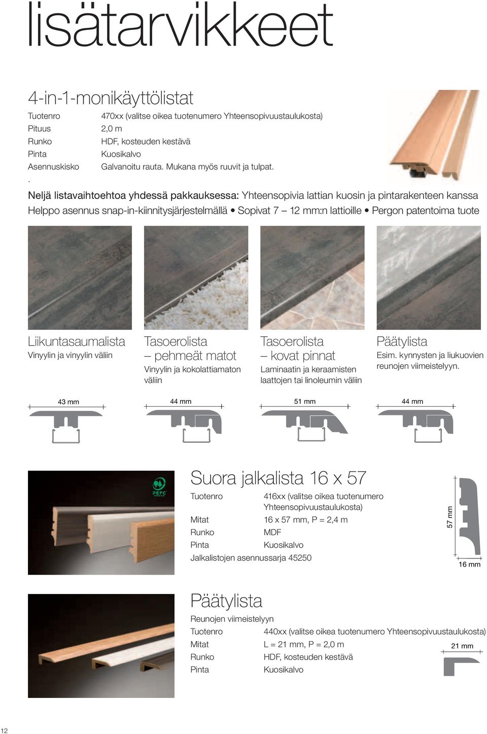 . Neljä listavaihtoehtoa yhdessä pakkauksessa: Yhteensopivia lattian kuosin ja pintarakenteen kanssa Helppo asennus snap-in-kiinnitysjärjestelmällä Sopivat 7 12 mm:n lattioille Pergon patentoima