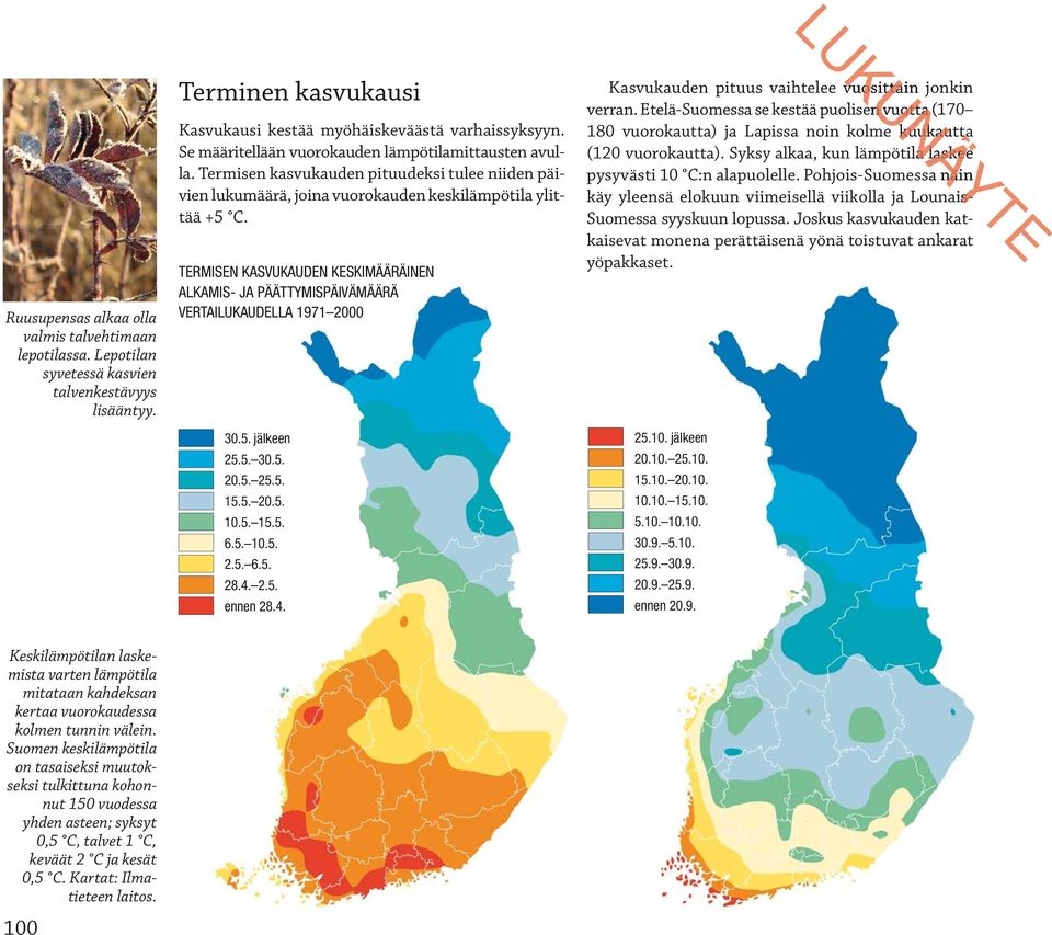 TERMISEN KASVUKAUDEN KESKIMÄÄRÄINEN ALKAMIS- JA PÄÄTTYMISPÄIVÄMÄÄRÄ VERTAILUKAUDELLA 1971 2000 30.5. jälkeen 25.5. 30.5. 20.5. 25.5. 15.5. 20.5. 10.5. 15.5. 6.5. 10.5. 2.5. 6.5. 28.4.