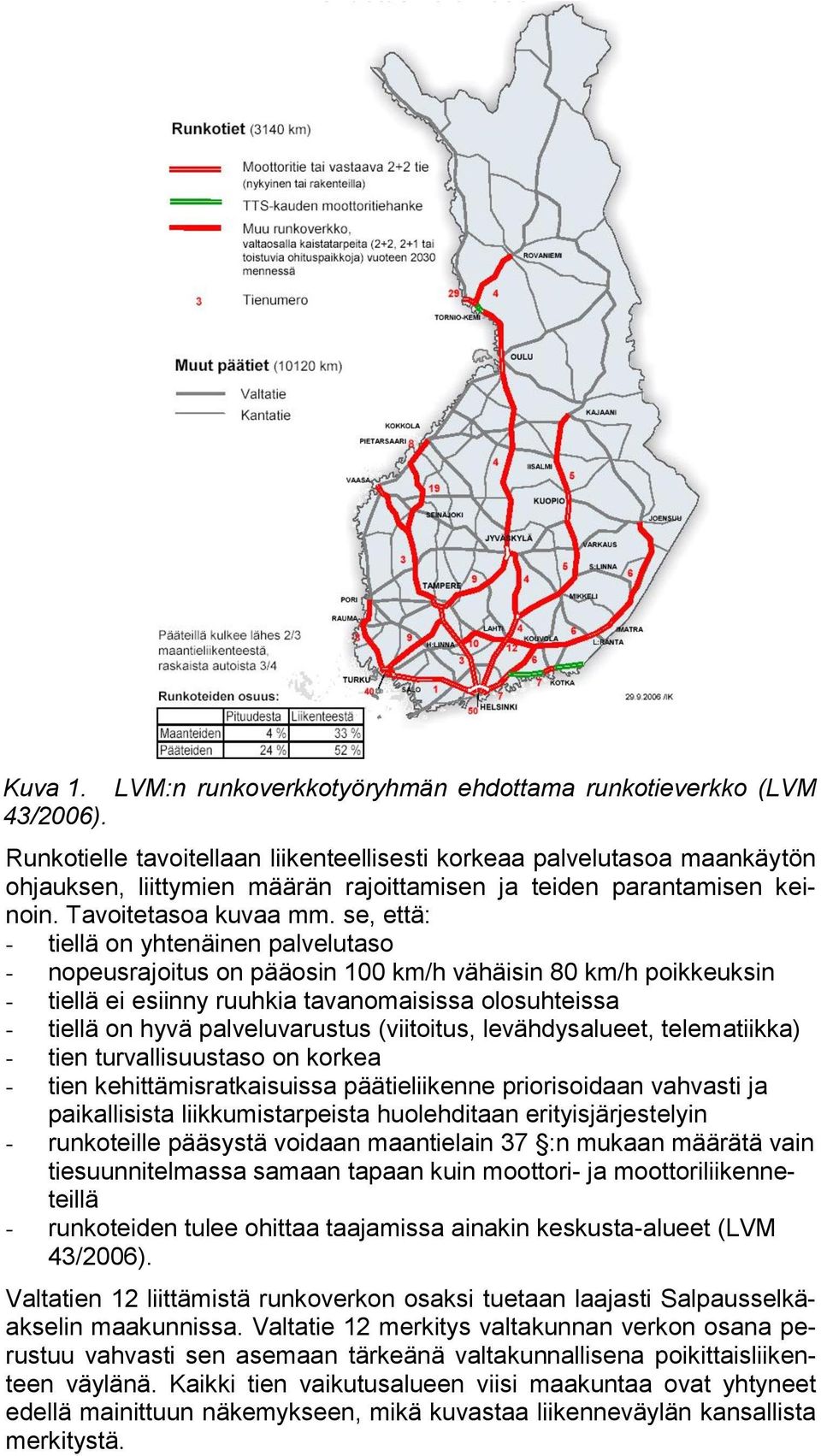 se, että: - tiellä on yhtenäinen palvelutaso - nopeusrajoitus on pääosin 100 km/h vähäisin 80 km/h poikkeuksin - tiellä ei esiinny ruuhkia tavanomaisissa olosuhteissa - tiellä on hyvä palveluvarustus