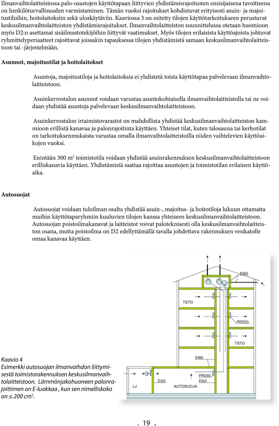 Kaaviossa 3 on esitetty tilojen käyttötarkoitukseen perustuvat keskusilmanvaihtolaitteiston yhdistämisrajoitukset.