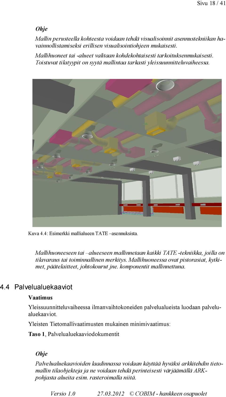 4: Esimerkki mallialueen TATE asennuksista. Mallihuoneeseen tai alueeseen mallinnetaan kaikki TATE -tekniikka, joilla on tilavaraus tai toiminnallinen merkitys.