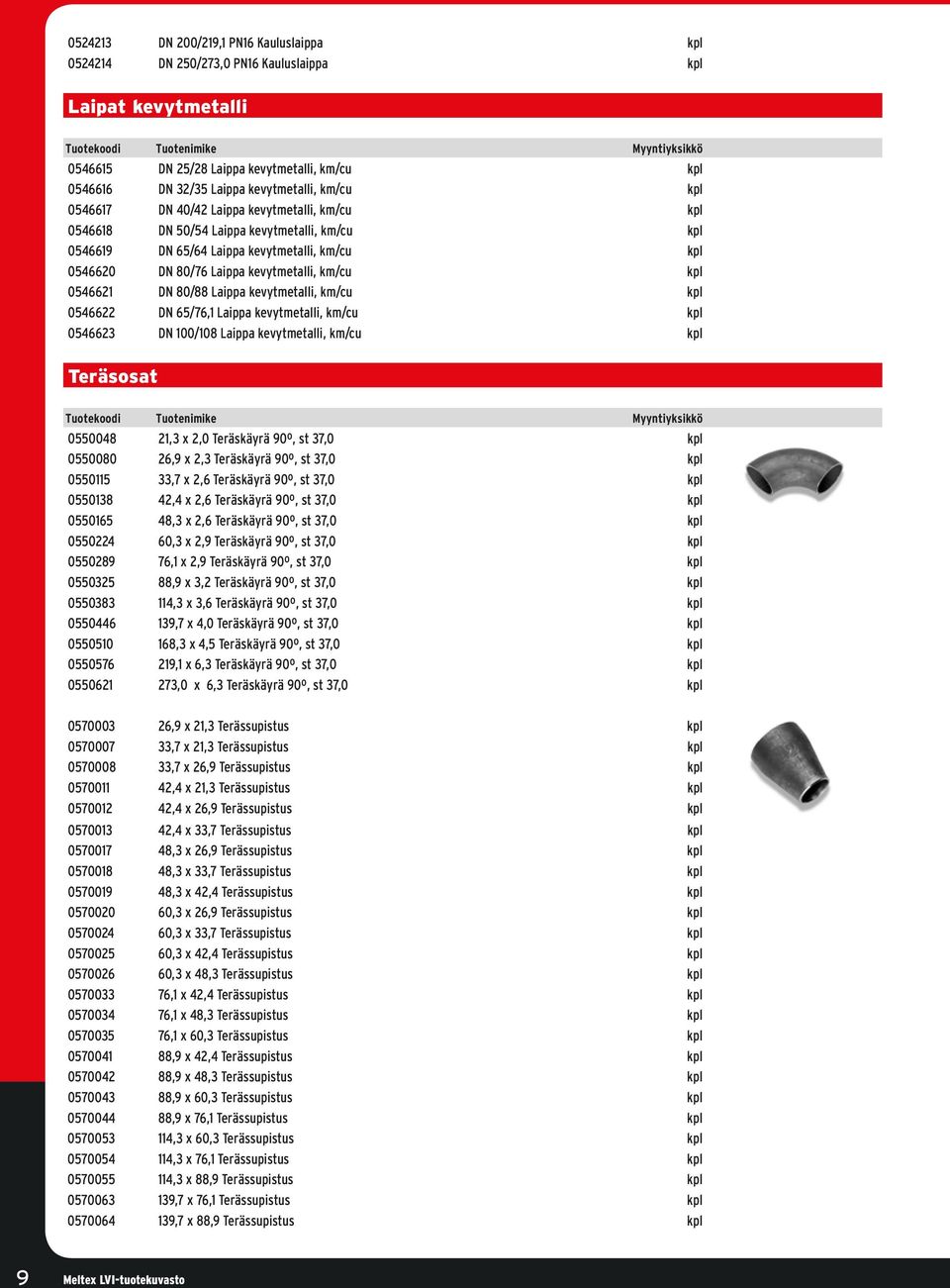 0546621 DN 80/88 Laippa kevytmetalli, km/cu kpl 0546622 DN 65/76,1 Laippa kevytmetalli, km/cu kpl 0546623 DN 100/108 Laippa kevytmetalli, km/cu kpl Teräsosat 0550048 21,3 x 2,0 Teräskäyrä 90º, st