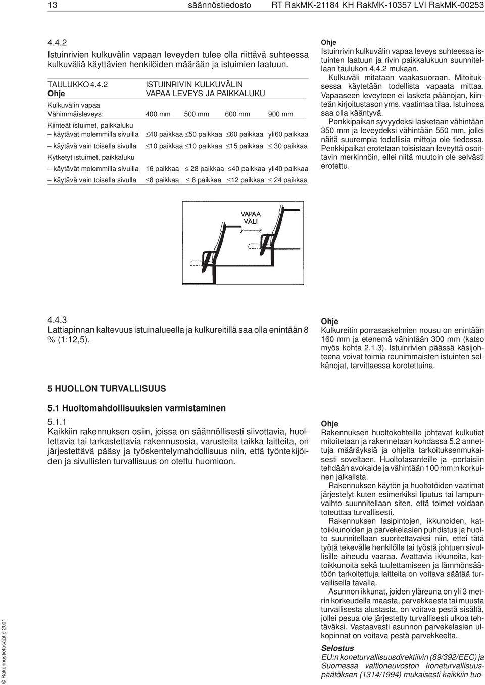 4.2 ISTUINRIVIN KULKUVÄLIN VAPAA LEVEYS JA PAIKKALUKU Kulkuvälin vapaa Vähimmäisleveys: 400 mm 500 mm 600 mm 900 mm Kiinteät istuimet, paikkaluku käytävät molemmilla sivuilla 40 paikkaa 50 paikkaa 60