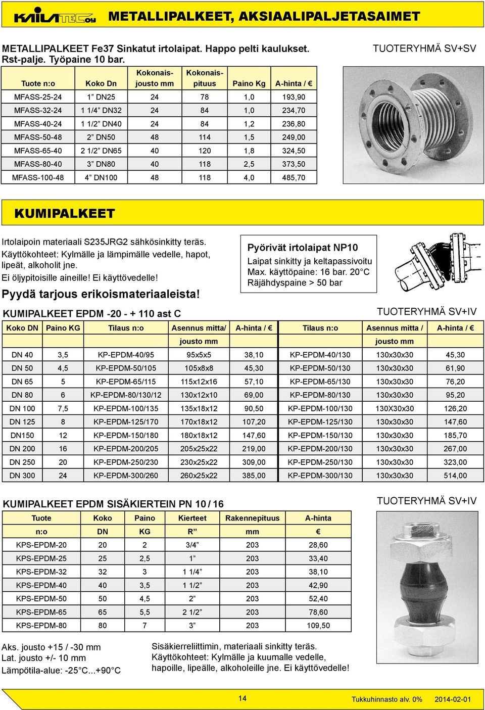 DN50 48 114 1,5 249,00 MFASS-65-40 2 1/2 DN65 40 120 1,8 324,50 MFASS-80-40 3 DN80 40 118 2,5 373,50 MFASS-100-48 4 DN100 48 118 4,0 485,70 TUOTERYHMÄ SV+SV KUMIPALKEET Irtolaipoin materiaali