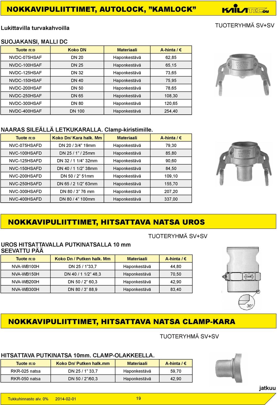 Haponkestävä 120,65 NVDC-400HSAF DN 100 Haponkestävä 254,40 NAARAS SILEÄLLÄ LETKUKARALLA. Clamp-kiristimille. Tuote n:o Koko Dn/ Kara halk.