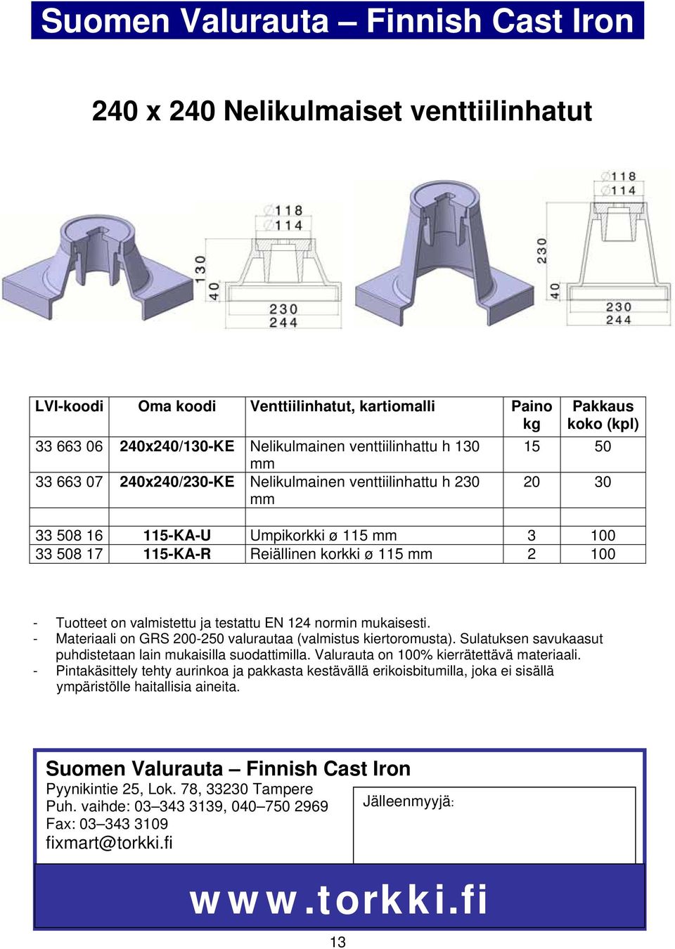 venttiilinhattu h 230 mm 15 50 20 30 33 508 16 115-KA-U Umpikorkki ø 115 mm 3 100 33 508 17 115-KA-R