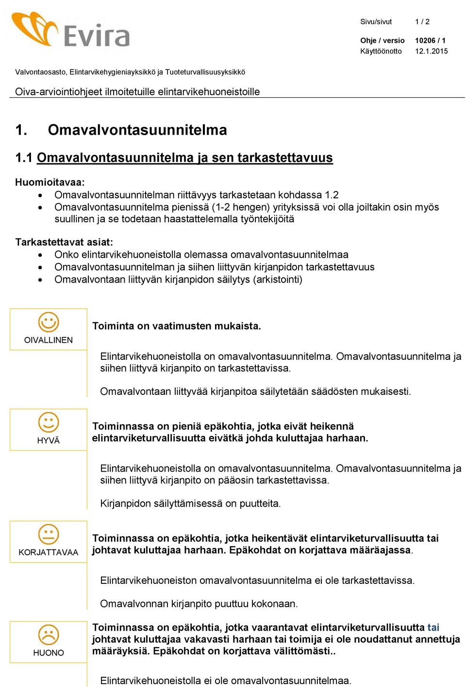 2 Omavalvontasuunnitelma pienissä (1-2 hengen) yrityksissä voi olla joiltakin osin myös suullinen ja se todetaan haastattelemalla työntekijöitä Tarkastettavat asiat: Onko elintarvikehuoneistolla