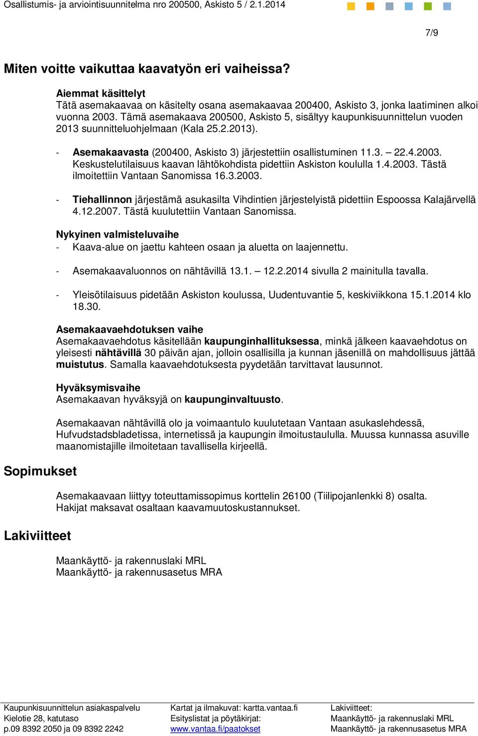 Keskustelutilaisuus kaavan lähtökohdista pidettiin Askiston koululla 1.4.2003. Tästä ilmoitettiin Vantaan Sanomissa 16.3.2003. - Tiehallinnon järjestämä asukasilta Vihdintien järjestelyistä pidettiin Espoossa Kalajärvellä 4.