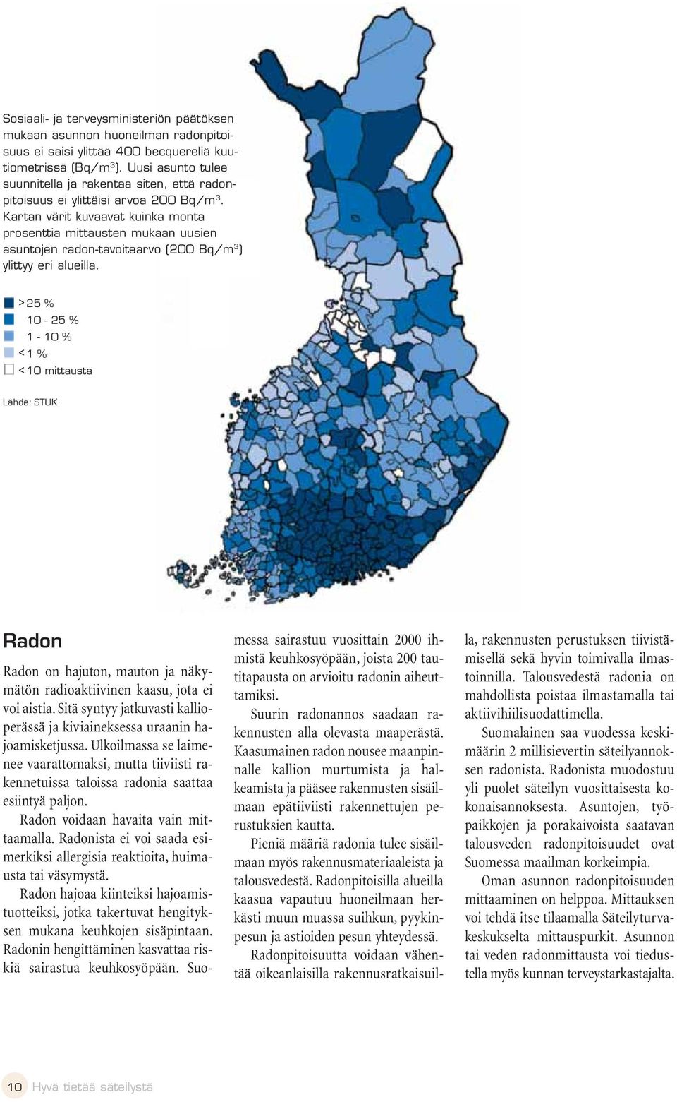 Kartan värit kuvaavat kuinka monta prosenttia mittausten mukaan uusien asuntojen radon-tavoitearvo (200 Bq/m 3 ) ylittyy eri alueilla.
