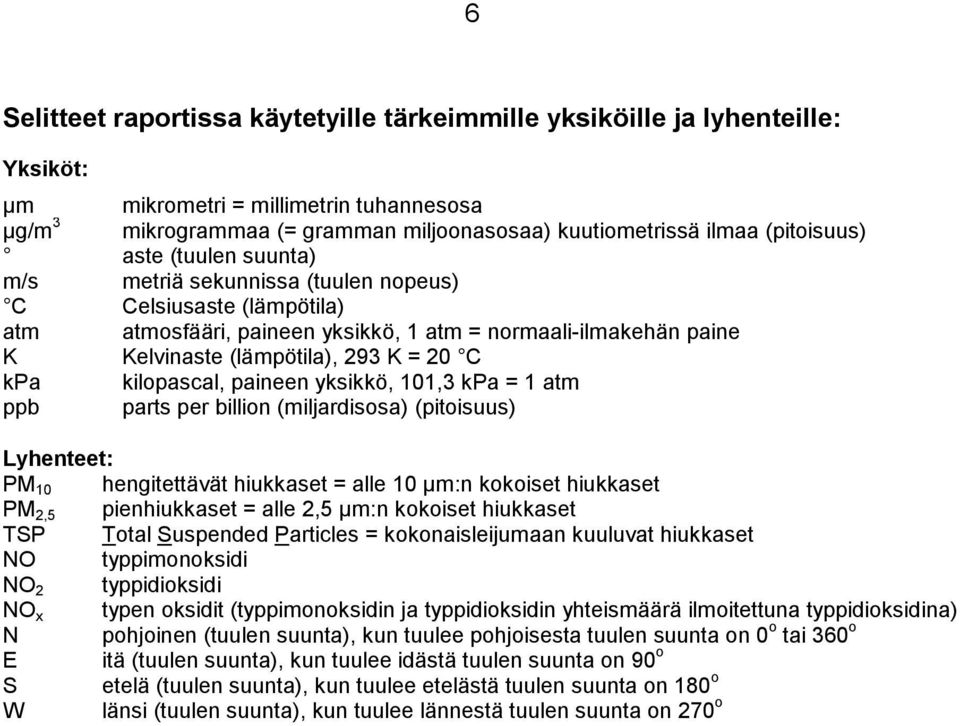 C kpa kilopascal, paineen yksikkö, 11,3 kpa = 1 atm ppb parts per billion (miljardisosa) (pitoisuus) Lyhenteet: PM 1 hengitettävät hiukkaset = alle 1 µm:n kokoiset hiukkaset PM 2,5 pienhiukkaset =
