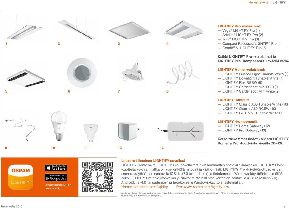 5 6 7 8 LIGHTIFY Home -valaisimet: LIGHTIFY Surface Light Tunable White (6) LIGHTIFY Downlight Tunable White (7) LIGHTIFY Flex RGBW (8) LIGHTIFY Gardenspot Mini RGB (9) LIGHTIFY Gardenspot Mini white