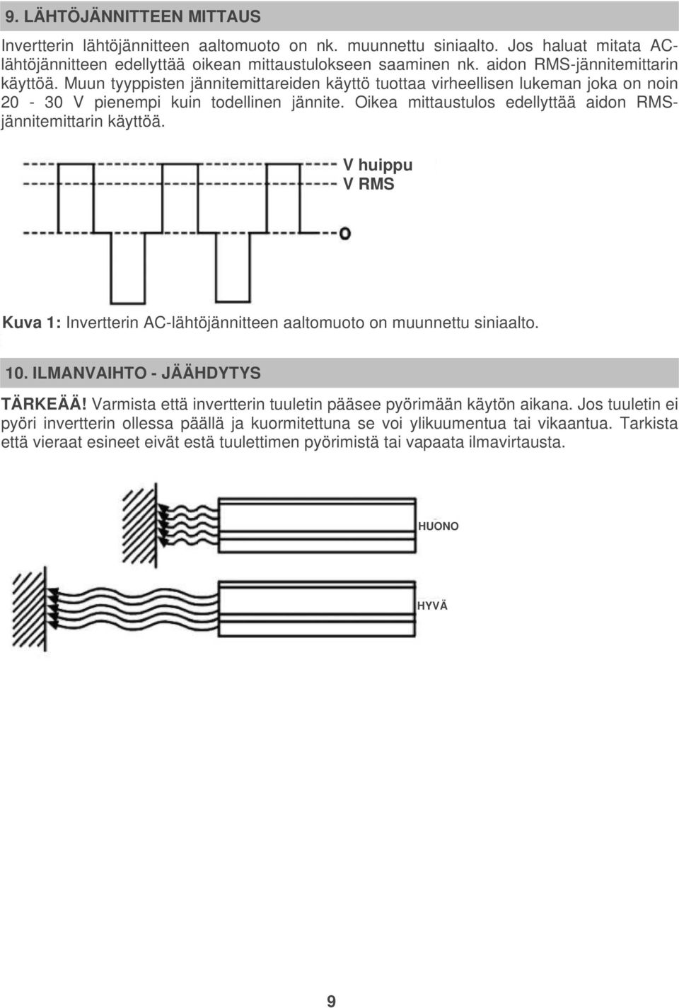 Oikea mittaustulos edellyttää aidon RMSjännitemittarin käyttöä. V huippu V RMS Kuva 1: Invertterin AC-lähtöjännitteen aaltomuoto on muunnettu siniaalto. 10. ILMANVAIHTO - JÄÄHDYTYS TÄRKEÄÄ!