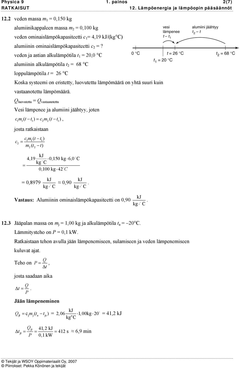 luovutettu vastaanotettu Vesi lämpenee ja alumiini jäähtyy, joten cm ( t t ) c m ( t t ), 1 1 1 2 2 1 josta ratkaistaan cm 1 1( t t1) c2 m ( t t) 2 2 4,19 0,150 kg 6,0 C 0,100 kg 42 C 0,8979 0,90 kg