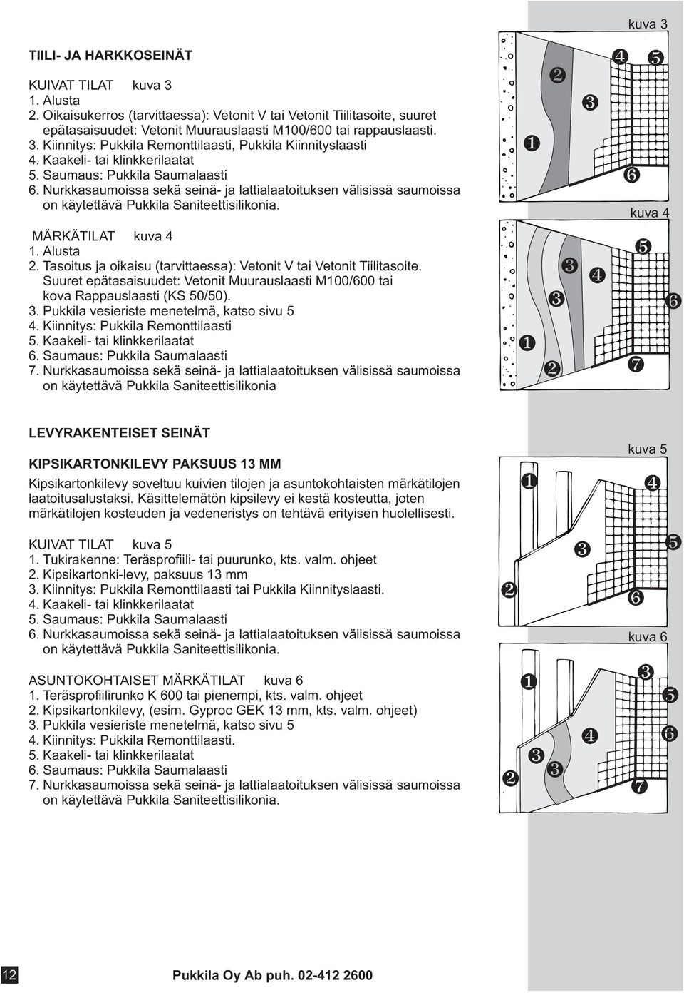 Kiinnitys: Pukkila Remonttilaasti, Pukkila Kiinnityslaasti 4. Kaakeli- tai klinkkerilaatat 5. Saumaus: Pukkila Saumalaasti 6.