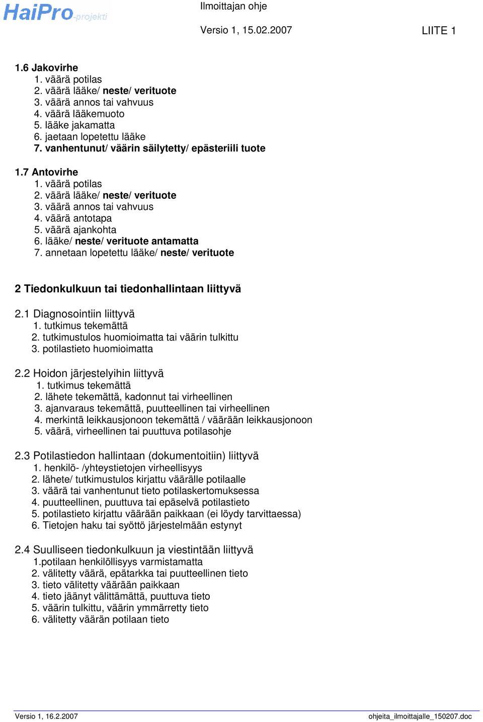 lääke/ neste/ verituote antamatta 7. annetaan lopetettu lääke/ neste/ verituote 2 Tiedonkulkuun tai tiedonhallintaan liittyvä 2.1 Diagnosointiin liittyvä 1. tutkimus tekemättä 2.