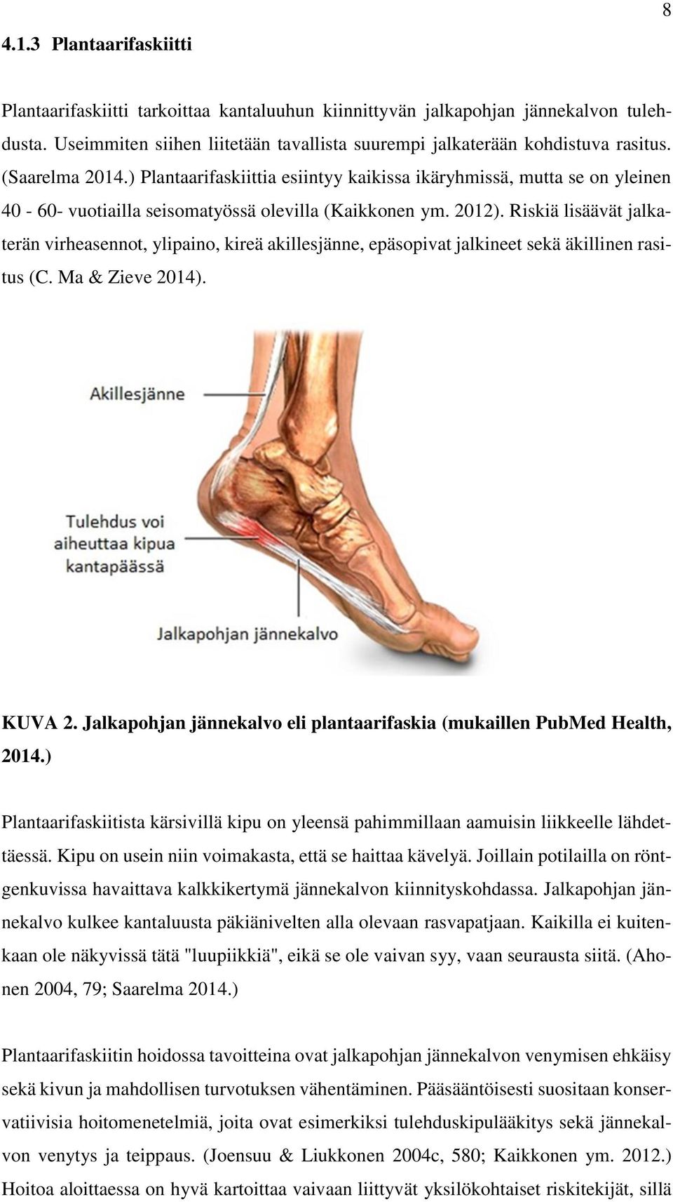 Riskiä lisäävät jalkaterän virheasennot, ylipaino, kireä akillesjänne, epäsopivat jalkineet sekä äkillinen rasitus (C. Ma & Zieve 2014). KUVA 2.