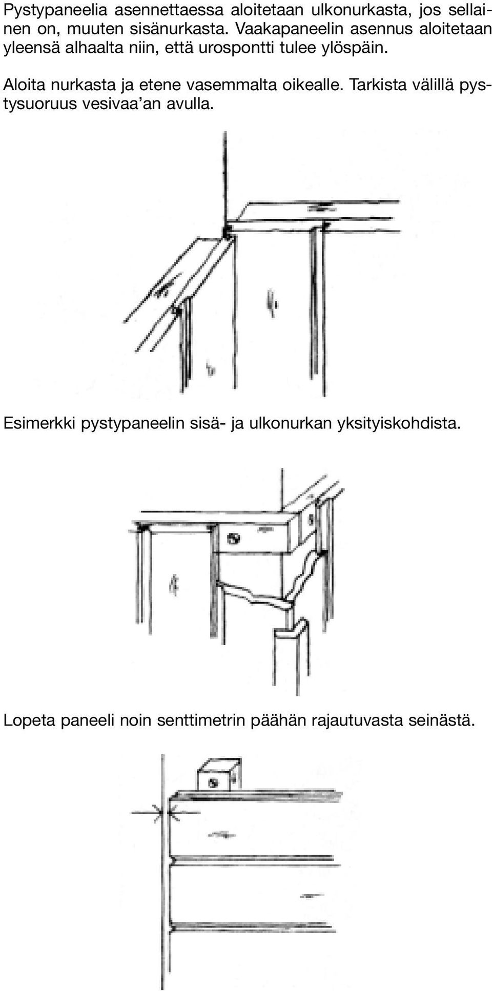 Aloita nurkasta ja etene vasemmalta oikealle. Tarkista välillä pystysuoruus vesivaa an avulla.