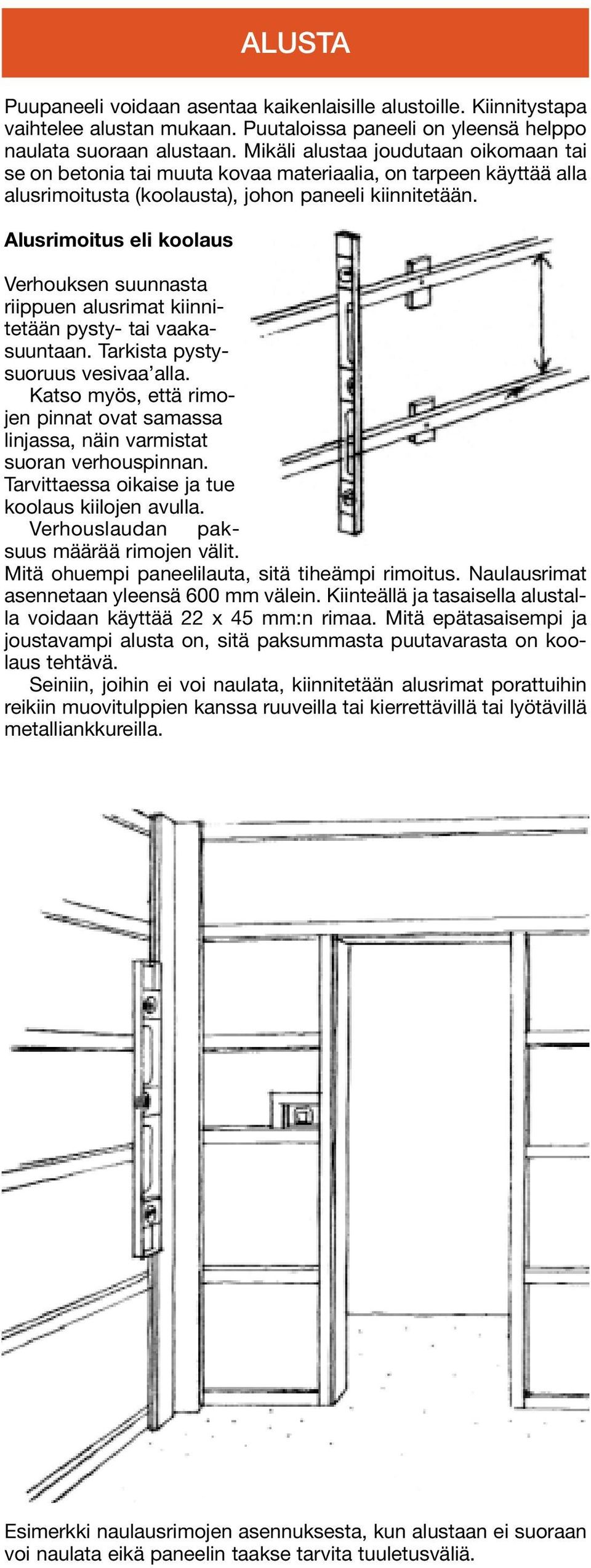 Alusrimoitus eli koolaus Verhouksen suunnasta riippuen alusrimat kiinnitetään pysty- tai vaakasuuntaan. Tarkista pystysuoruus vesivaa alla.