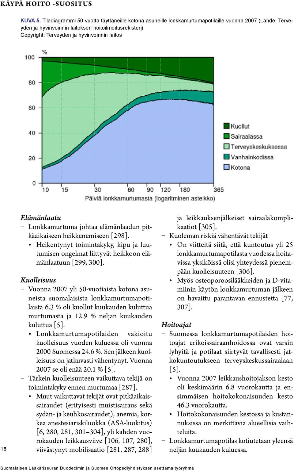 laitos 18 Elämänlaatu johtaa elämänlaadun pitkäaikaiseen heikkenemiseen [298]. Heikentynyt toimintakyky, kipu ja luutumisen ongelmat liittyvät heikkoon elämänlaatuun [299, 300].