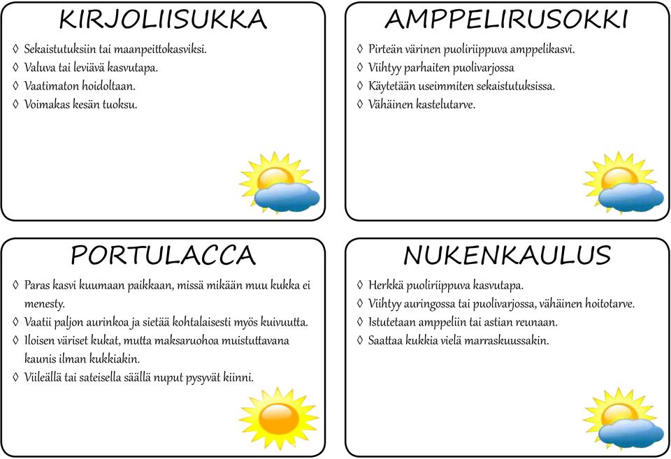 PORTULACCA Paras kasvi kuumaan paikkaan, missä mikään muu kukka ei menesty. Vaatii paljon aurinkoa ja sietää kohtalaisesti myös kuivuutta.