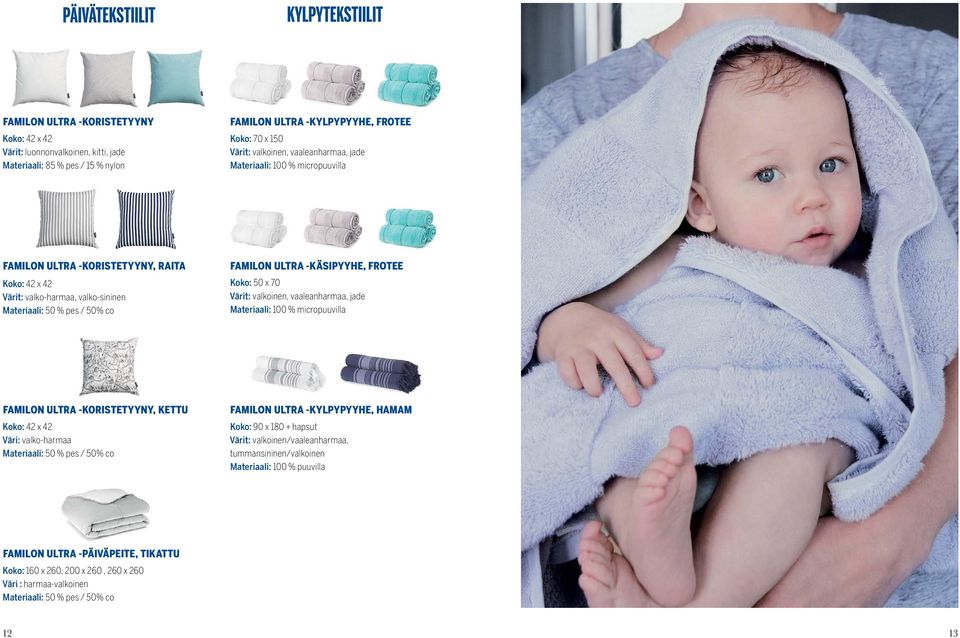 x 70 Värit: valkoinen, vaaleanharmaa, jade FAMILON ULTRA -KORISTETYYNY, KETTU Koko: 42 x 42 Väri: valko-harmaa Materiaali: 50 % pes / 50% co FAMILON ULTRA -KYLPYPYYHE, HAMAM Koko: 90 x 180 +