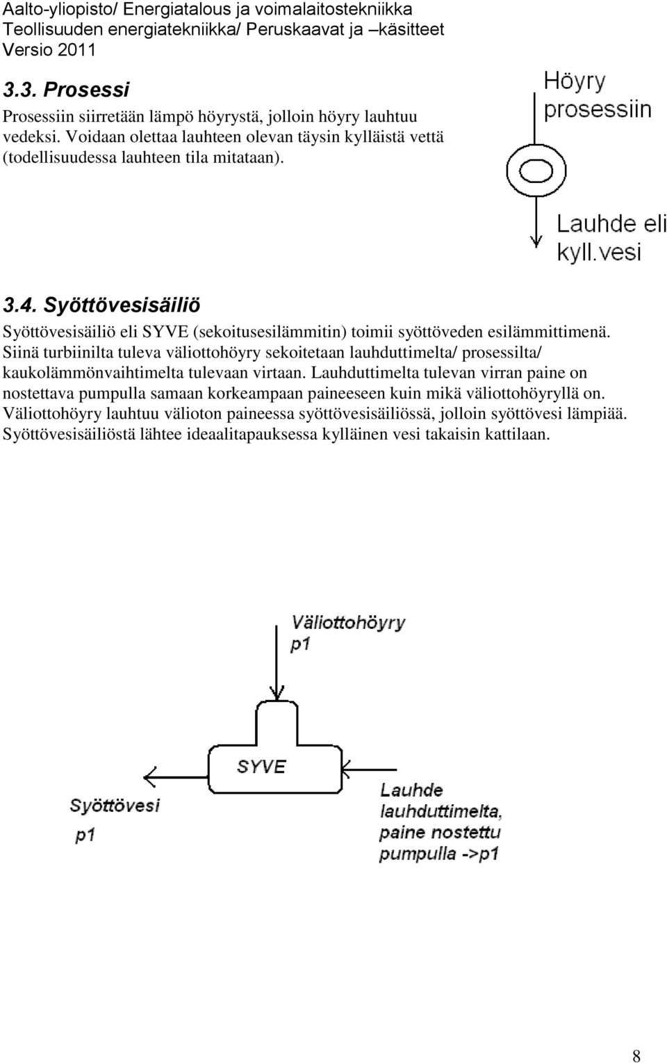 Syöttövesisäiliö Syöttövesisäiliö eli SYVE (sekoitusesilämmitin) toimii syöttöveden esilämmittimenä.