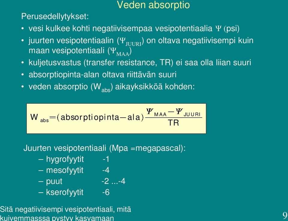 kuljetusvastus (transfer resistance, TR) ei saa olla liian suuri absorptiopinta-alan oltava riittävän suuri veden absorptio (W abs )