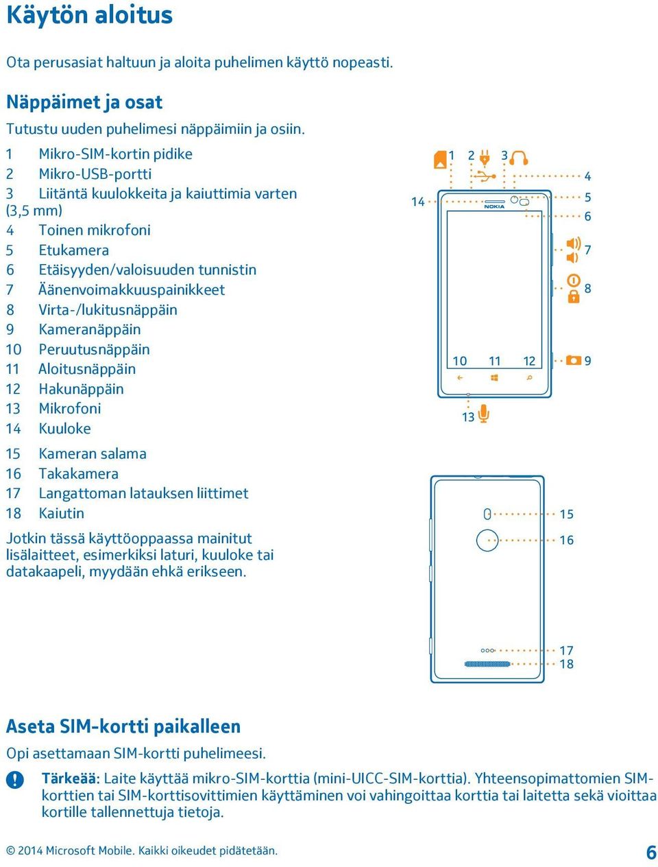 Virta-/lukitusnäppäin 9 Kameranäppäin 10 Peruutusnäppäin 11 Aloitusnäppäin 12 Hakunäppäin 13 Mikrofoni 14 Kuuloke 15 Kameran salama 16 Takakamera 17 Langattoman latauksen liittimet 18 Kaiutin Jotkin
