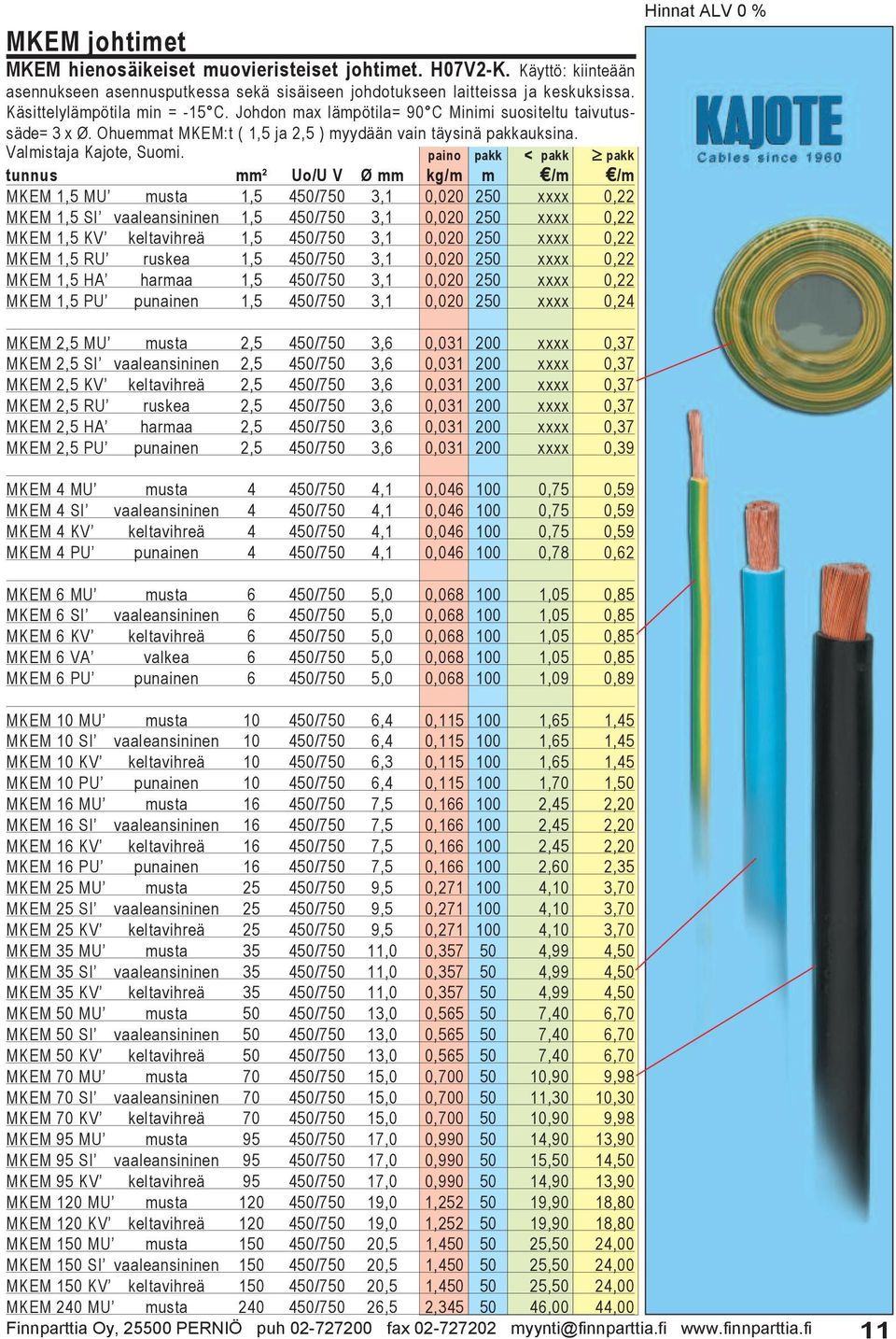 tunnus mm² Uo/U V Ø mm kg/m m /m /m MKEM 1,5 MU musta 1,5 450/750 3,1 0,020 250 xxxx 0,22 MKEM 1,5 SI vaaleansininen 1,5 450/750 3,1 0,020 250 xxxx 0,22 MKEM 1,5 KV keltavihreä 1,5 450/750 3,1 0,020