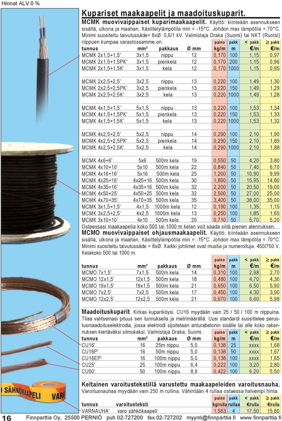 tunnus mm² pakkaus Ø mm kg/m m /m /m MCMK 2x1,5+1,5 3x1,5 nippu 12 0,170 100 1,15 0,97 MCMK 2x1,5+1,5PK 3x1,5 pienkela 12 0,170 200 1,15 0,96 MCMK 2x1,5+1,5K 3x1,5 kela 12 0,170 1000 1,15 0,95 MCMK