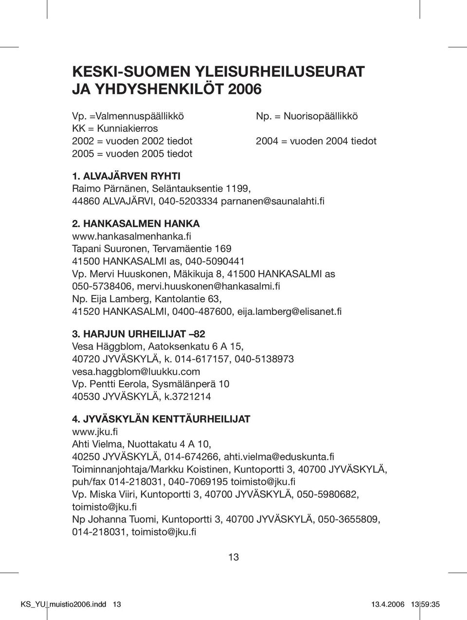 fi Tapani Suuronen, Tervamäentie 169 41500 HANKASALMI as, 040-5090441 Vp. Mervi Huuskonen, Mäkikuja 8, 41500 HANKASALMI as 050-5738406, mervi.huuskonen@hankasalmi.fi Np.