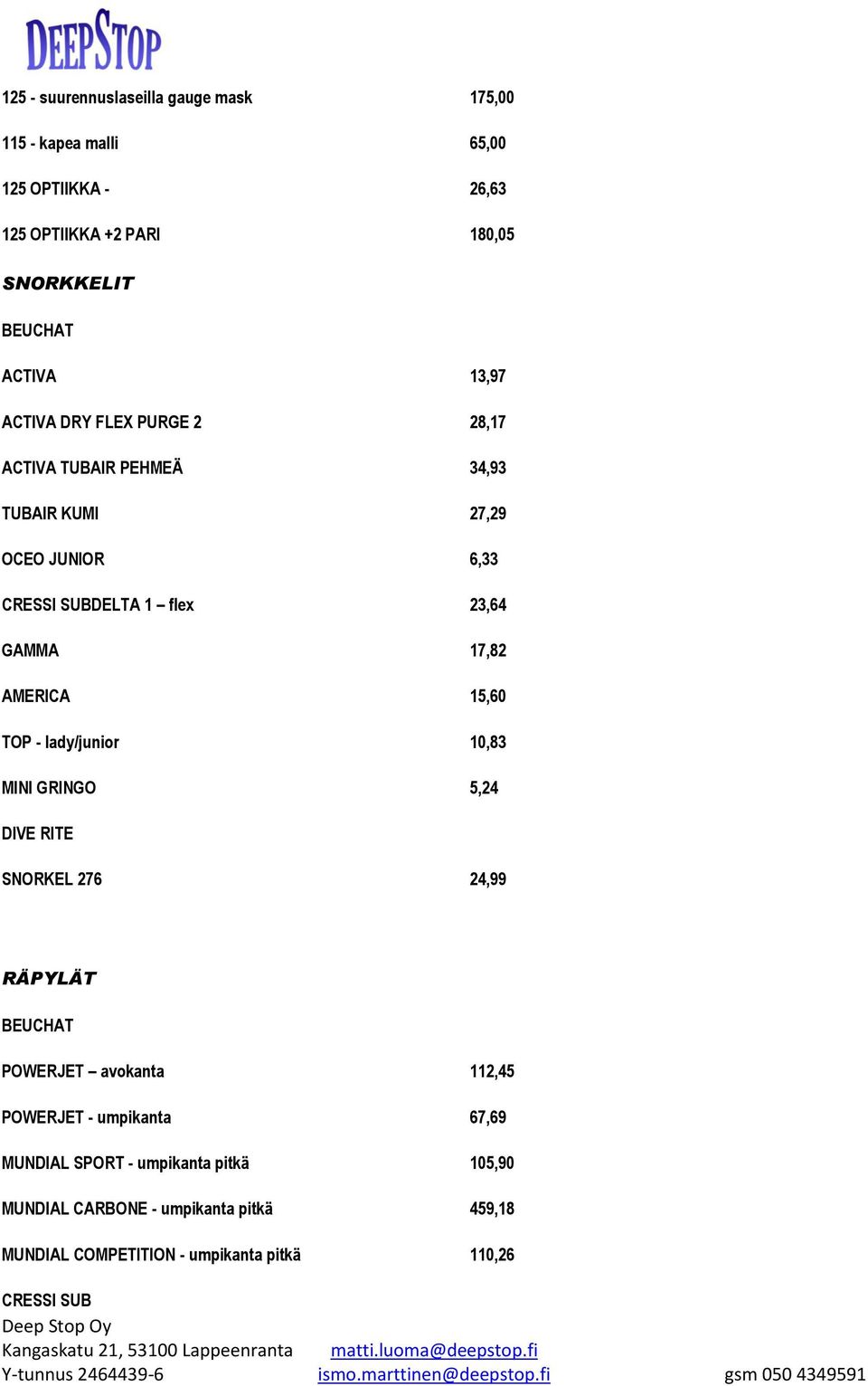 17,82 AMERICA 15,60 TOP - lady/junior 10,83 MINI GRINGO 5,24 SNORKEL 276 24,99 RÄPYLÄT POWERJET avokanta 112,45 POWERJET - umpikanta