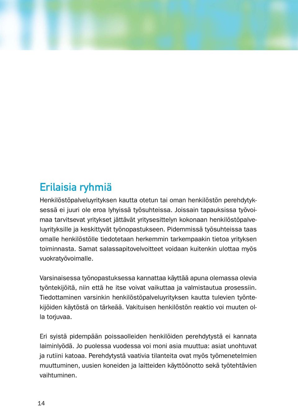 Pidemmissä työsuhteissa taas omalle henkilöstölle tiedotetaan herkemmin tarkempaakin tietoa yrityksen toiminnasta. Samat salassapitovelvoitteet voidaan kuitenkin ulottaa myös vuokratyövoimalle.