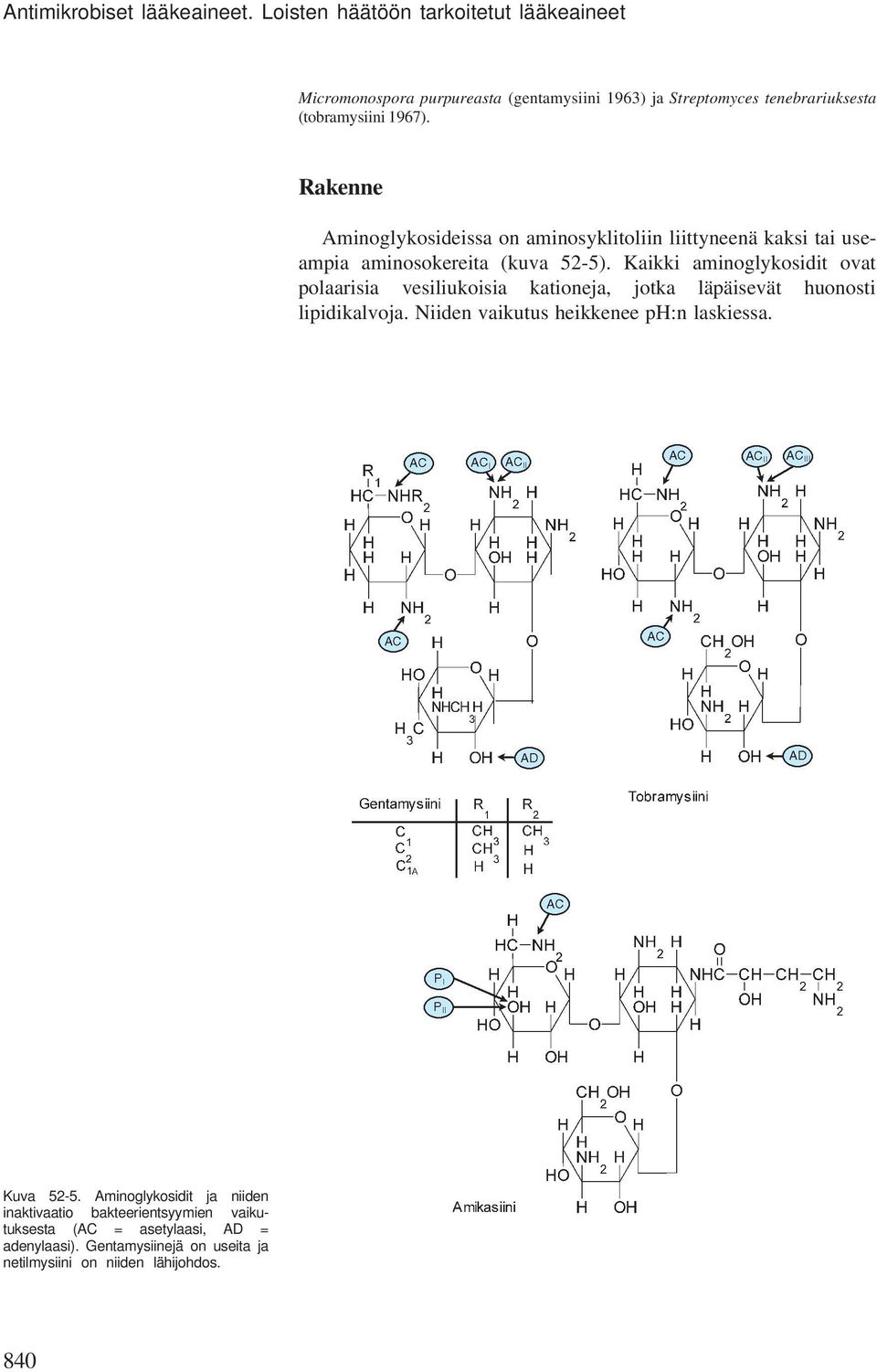 Rakenne Aminoglykosideissa on aminosyklitoliin liittyneenä kaksi tai useampia aminosokereita (kuva 52-5).