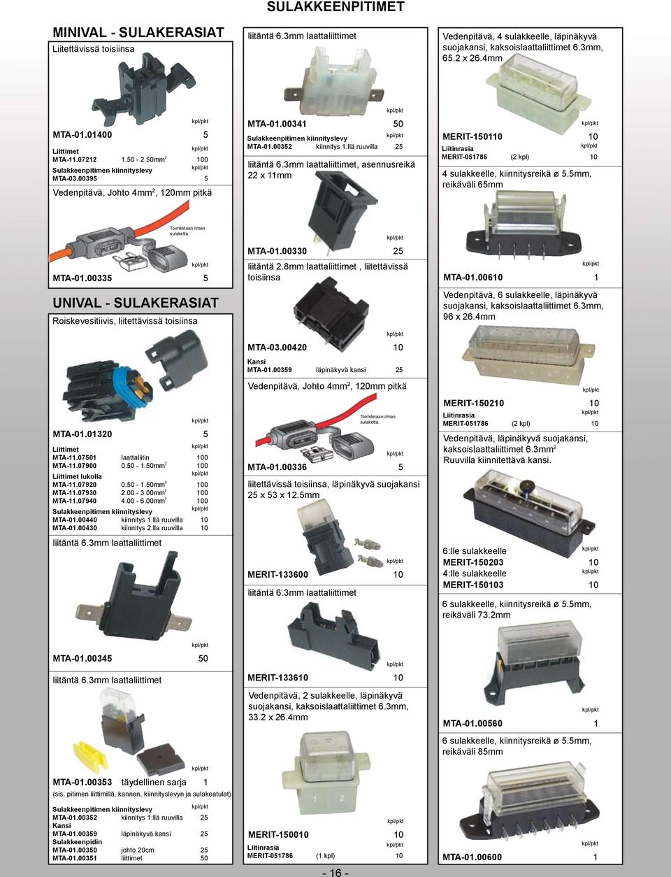 352 kiinnitys 1:llä ruuvilla 25 liitäntä 6.3mm laattaliittimet, asennusreikä 22 x 11mm MERIT-1511 Liitinrasia MERIT-51786 (2 kpl) 1 4 sulakkeelle, kiinnitysreikä ø 5.5mm, reikäväli 65mm MTA-1.