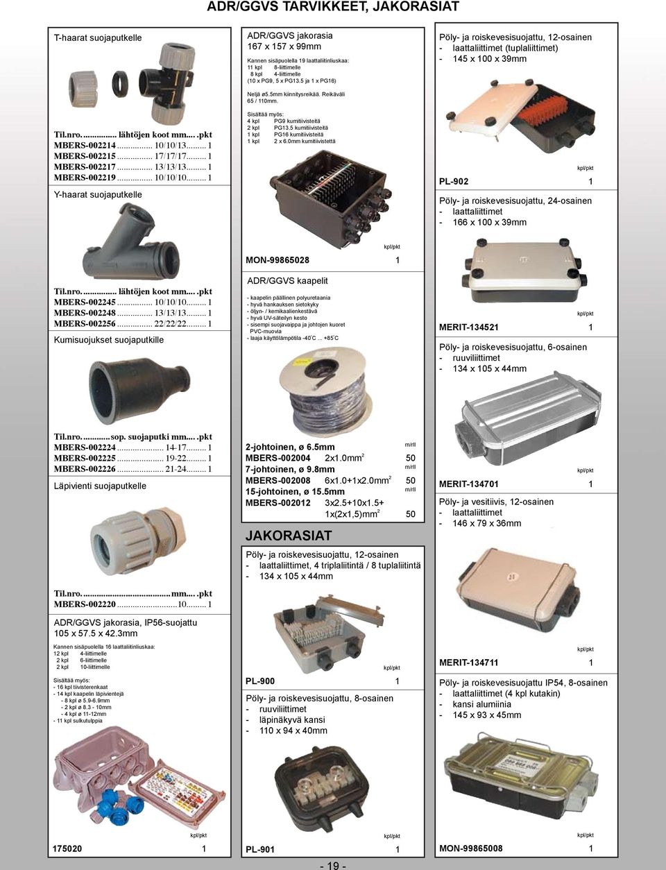 ..1 Y-haarat suojaputkelle ADR/GGVS jakorasia 167 x 157 x 99mm Kannen sisäpuolella 19 laattaliitinliuskaa: 11 kpl 8-liittimelle 8 kpl 4-liittimelle (1 x PG9, 5 x PG13.5 ja 1 x PG16) Neljä ø5.