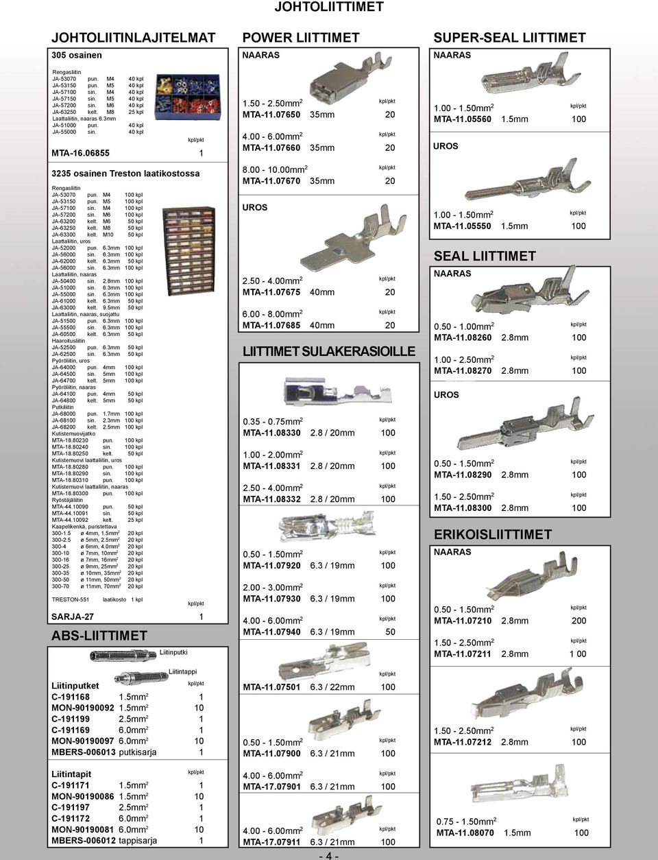 M6 JA-6325 kelt. M8 JA-633 kelt. M1 Laattaliitin, uros JA-52 pun. 6.3mm 1 kpl JA-56 sin. 6.3mm 1 kpl JA-62 kelt. 6.3mm JA-56 sin. 6.3mm 1 kpl Laattaliitin, naaras JA-54 sin. 2.8mm 1 kpl JA-51 sin. 6.3mm 1 kpl JA-55 sin.