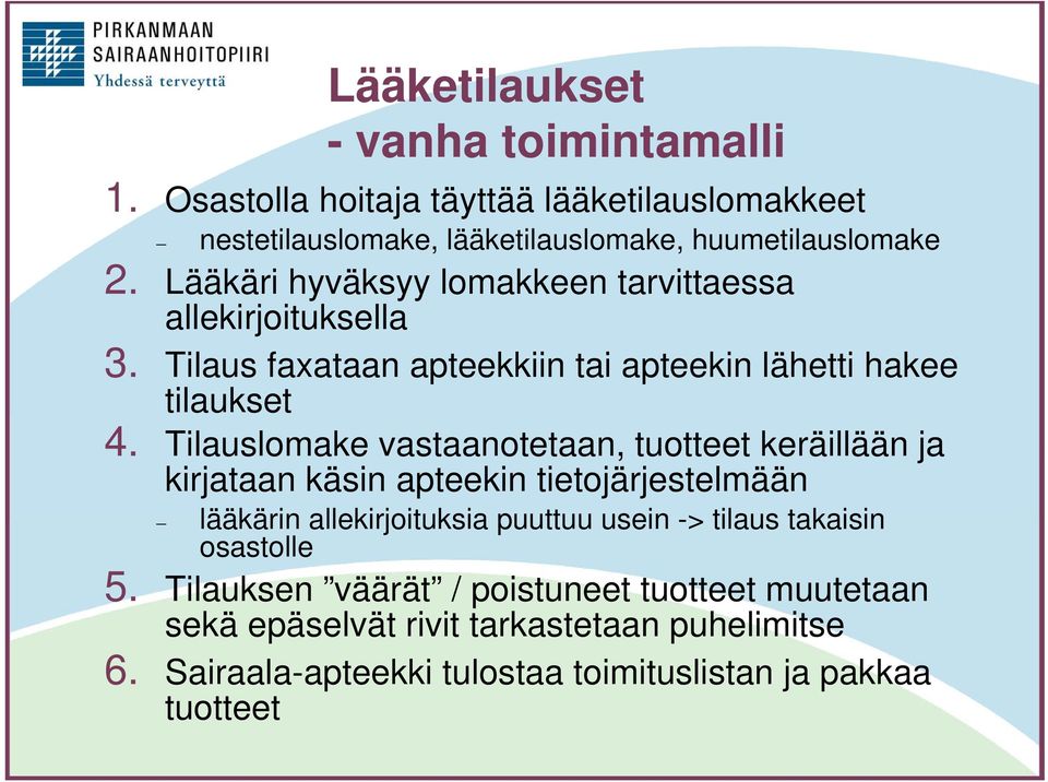 Tilauslomake vastaanotetaan, tuotteet keräillään ja kirjataan käsin apteekin tietojärjestelmään lääkärin allekirjoituksia puuttuu usein -> tilaus