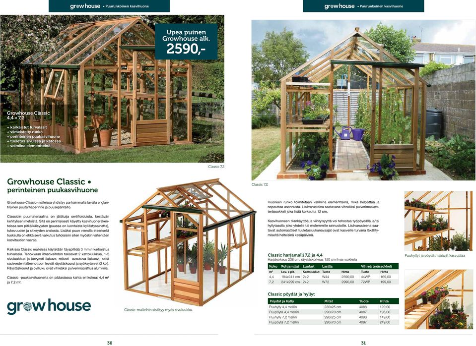 perinteinen puukasvihuone Classic 7,2 Growhouse Classic-malleissa yhdistyy parhaimmalla tavalla englantilainen puutarhaperinne ja puusepäntaito.