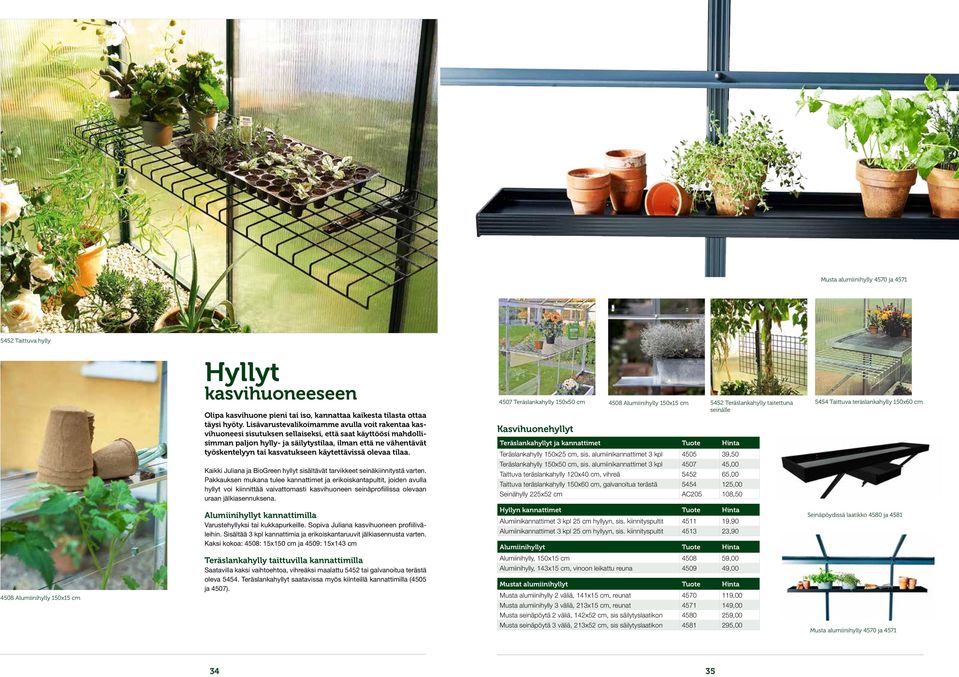 kasvatukseen käytettävissä olevaa tilaa. Kaikki Juliana ja BioGreen hyllyt sisältävät tarvikkeet seinäkiinnitystä varten.